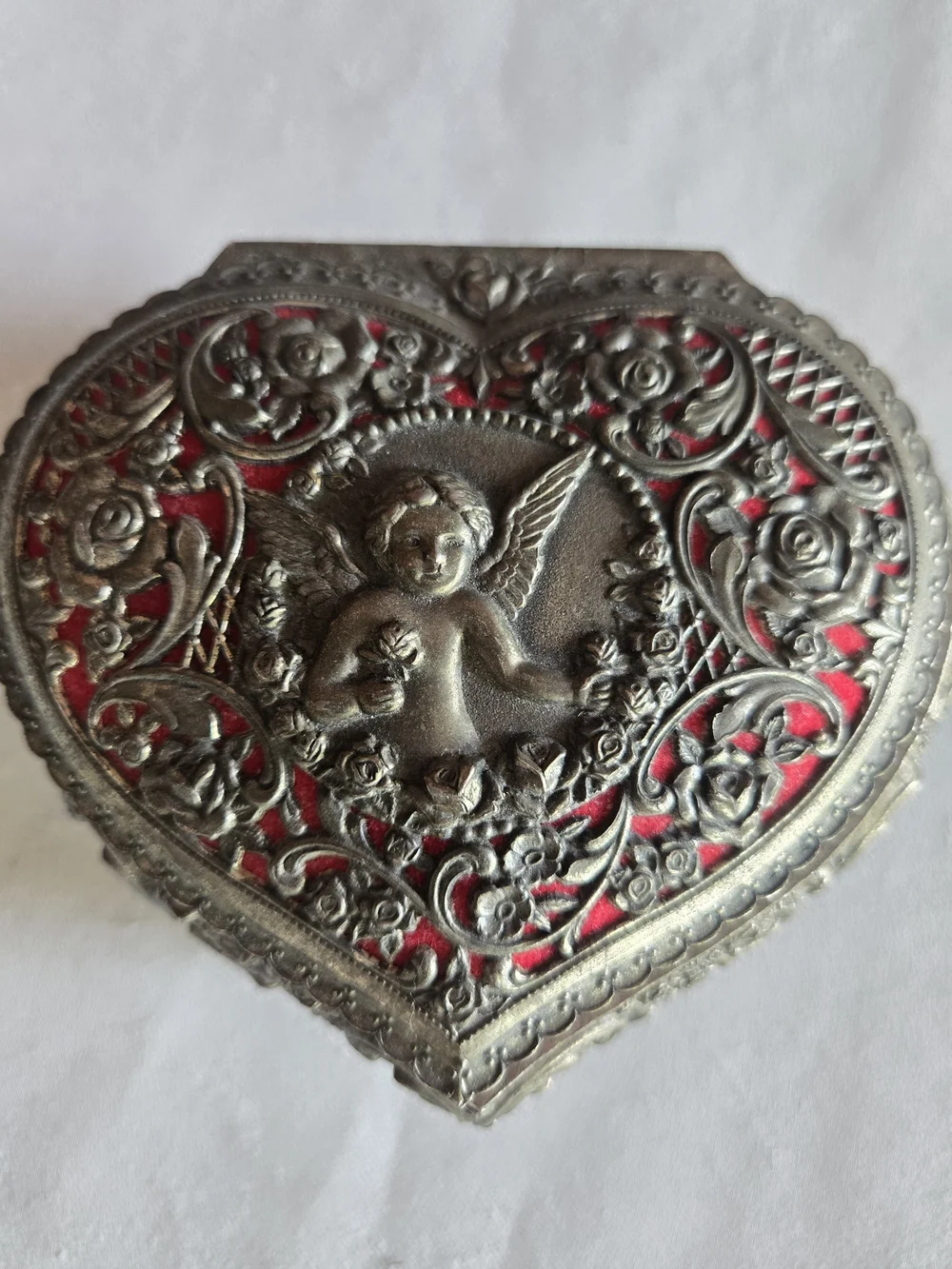 Ornate Heart-Shaped Trinket Box - Cherub and Roses with Red Lining